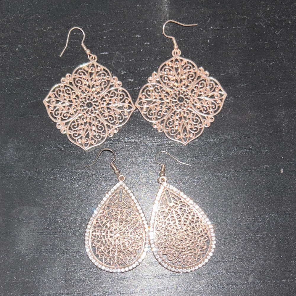 Rose Gold Filigree Earring Set - Delicate Drop Styles